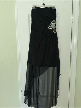 Strapless Black High-Low Evening Dress with Beaded Detail